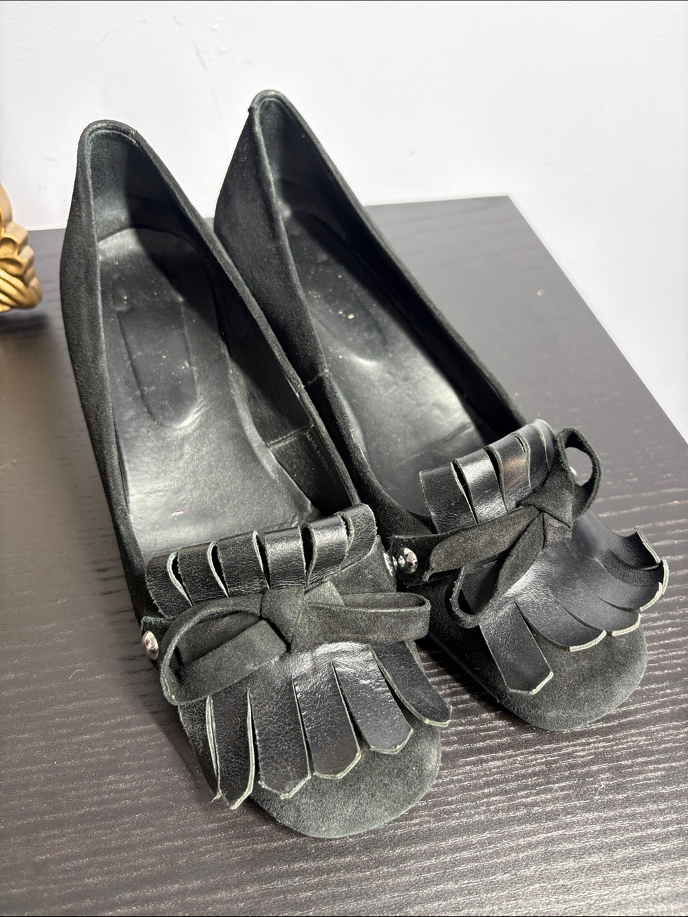 Black Suede Fringe Bow Block Heels